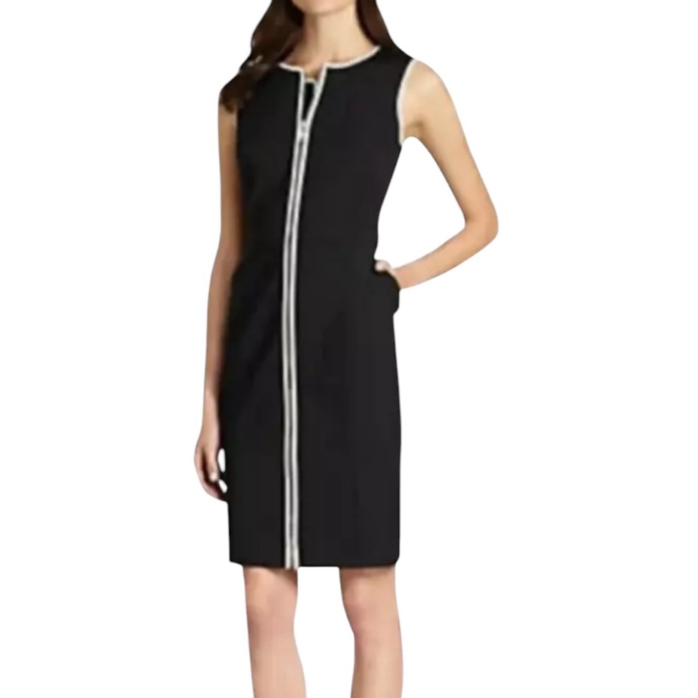 Lafayette 148 New York Addison Size 2 Black Dress White Piping Front Full Zipper